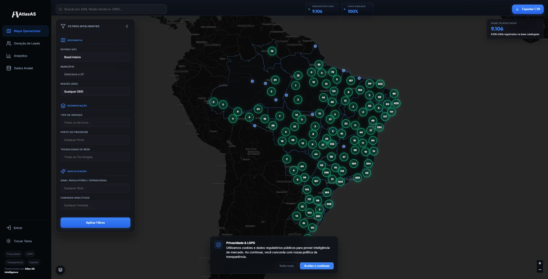 Tela real do mapa operacional do AtlasAS aberta em notebook